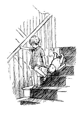 E. H. Shepard illustration of Christopher Robin with Winnie-the-Pooh and Piglet from Front matter