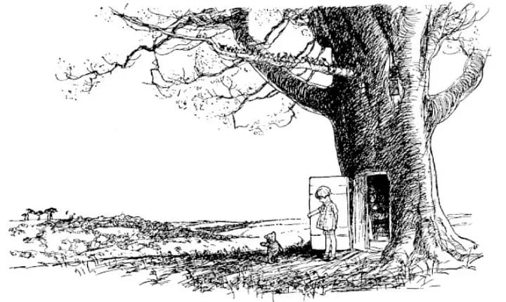 E. H. Shepard illustration of Christopher Robin and Winnie-the-Pooh from Chapter I