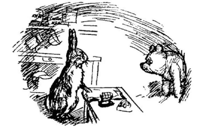 E. H. Shepard illustration of Rabbit and Winnie-the-Pooh from Chapter II