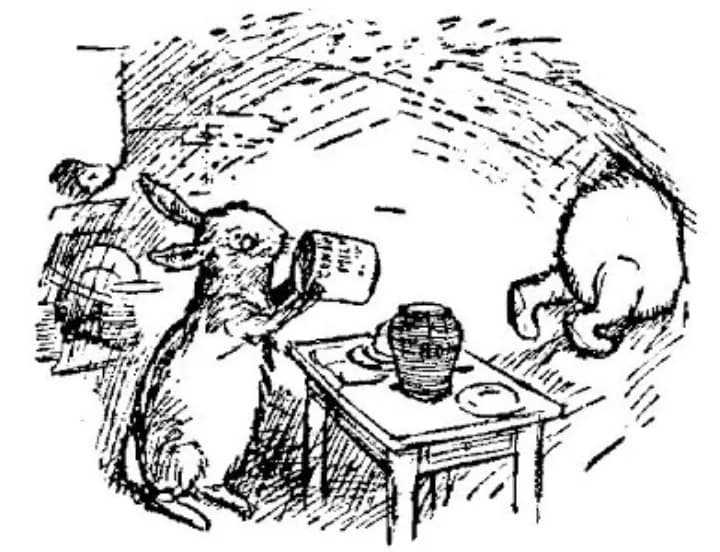 E. H. Shepard illustration of Rabbit and Winnie-the-Pooh from Chapter II
