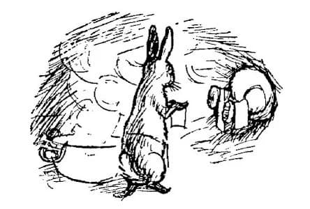 E. H. Shepard illustration of Rabbit with Christopher Robin and Winnie-the-Pooh from Chapter II
