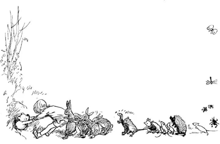 E. H. Shepard illustration of Rabbit with Christopher Robin and Winnie-the-Pooh from Chapter II