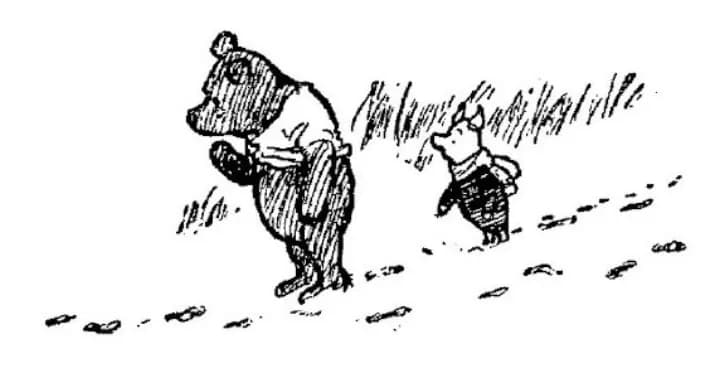 E. H. Shepard illustration of Piglet and Winnie-the-Pooh from Chapter III