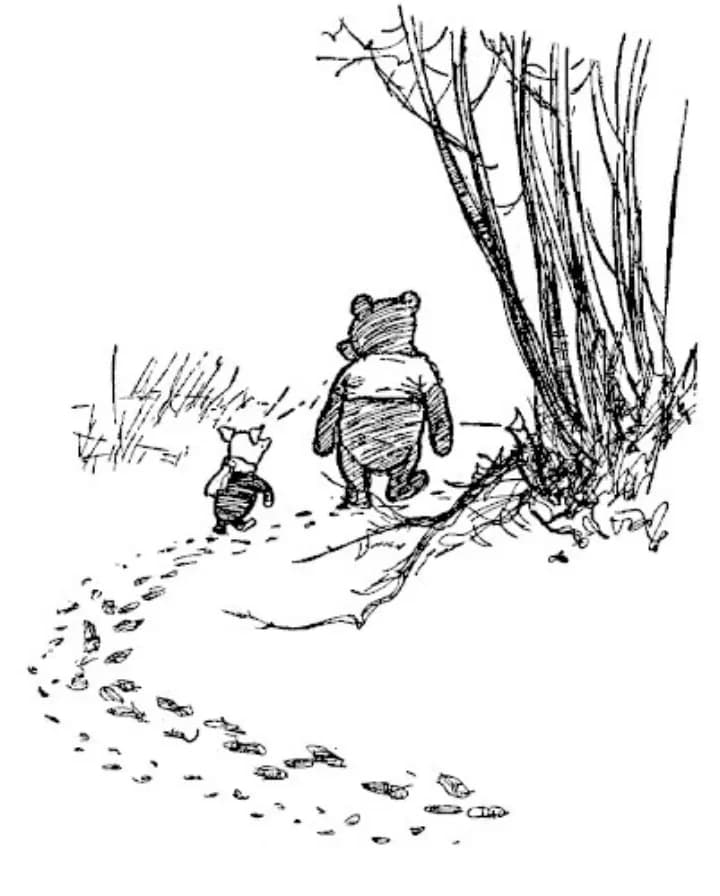 E. H. Shepard illustration of Piglet and Winnie-the-Pooh from Chapter III