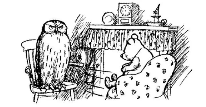E. H. Shepard illustration of Winnie-the-Pooh with Eeyore and Owl from Chapter IV