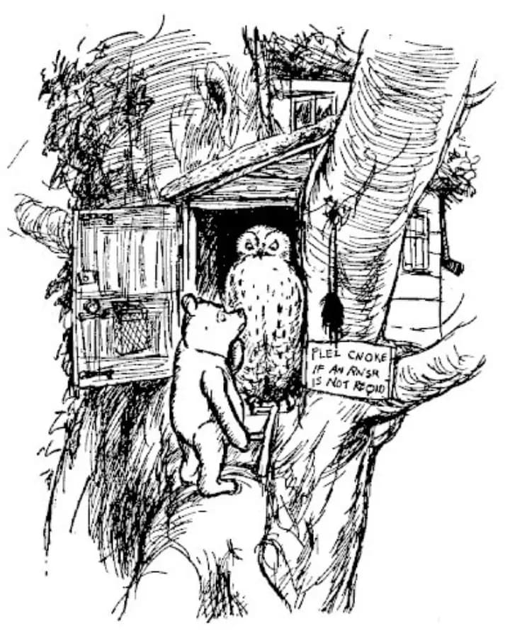 E. H. Shepard illustration of Winnie-the-Pooh with Eeyore and Owl from Chapter IV