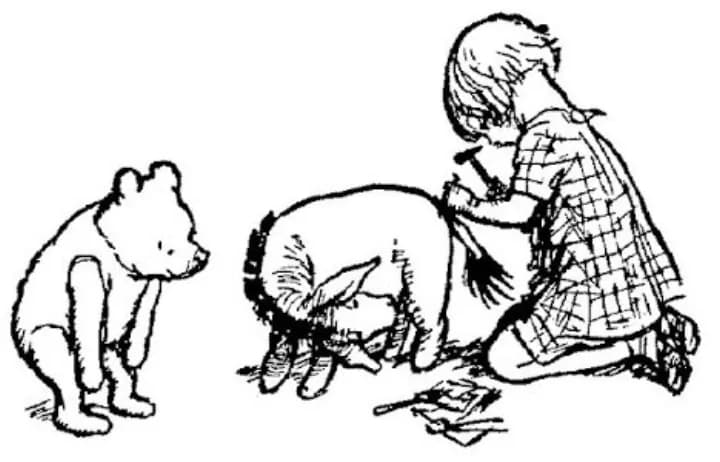 E. H. Shepard illustration of Winnie-the-Pooh with Eeyore and Owl from Chapter IV
