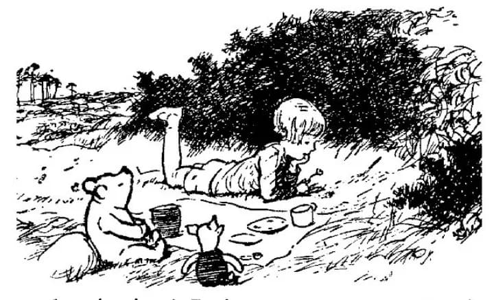 E. H. Shepard illustration of Christopher Robin with Winnie-the-Pooh and Piglet from Chapter V