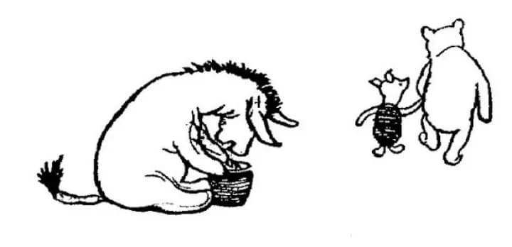 E. H. Shepard illustration of Eeyore with Winnie-the-Pooh and Piglet from Chapter VI