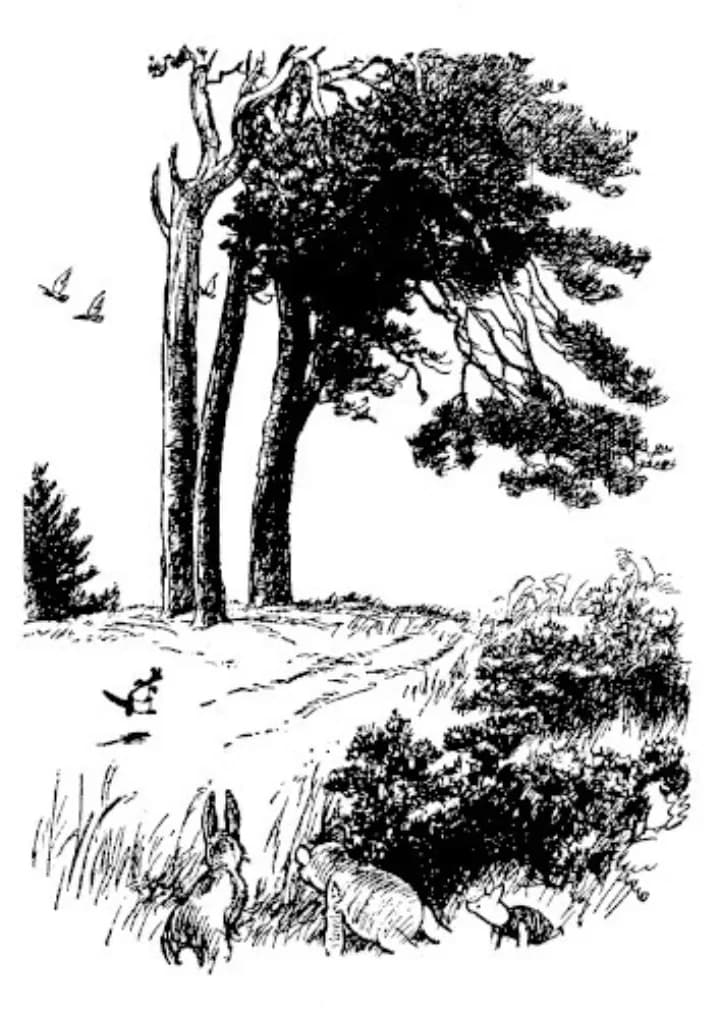 E. H. Shepard illustration of Rabbit with Winnie-the-Pooh, Piglet, Kanga and Roo from Chapter VII