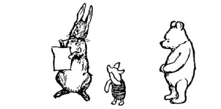 E. H. Shepard illustration of Rabbit with Piglet, Kanga and Roo from Chapter VII