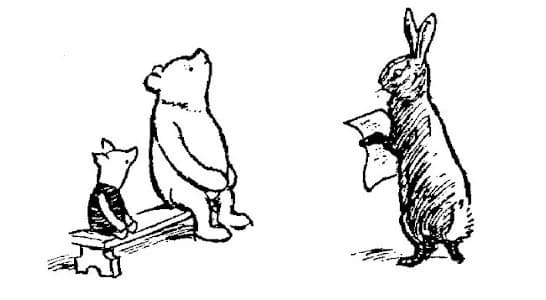 E. H. Shepard illustration of Roo with Winnie-the-Pooh, Piglet and Kanga from Chapter VII