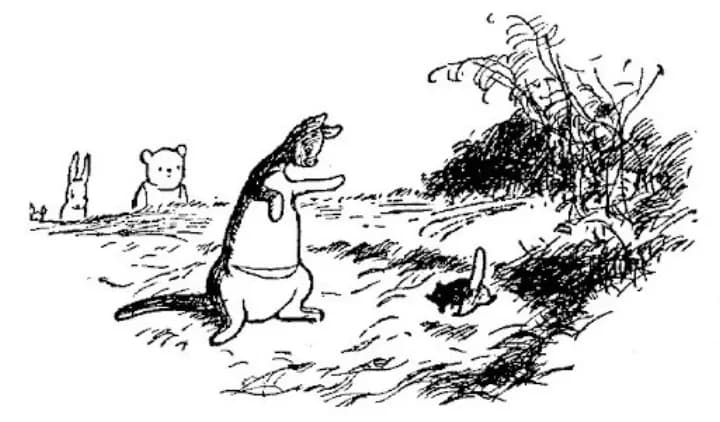 E. H. Shepard illustration of Roo with Winnie-the-Pooh, Piglet and Kanga from Chapter VII