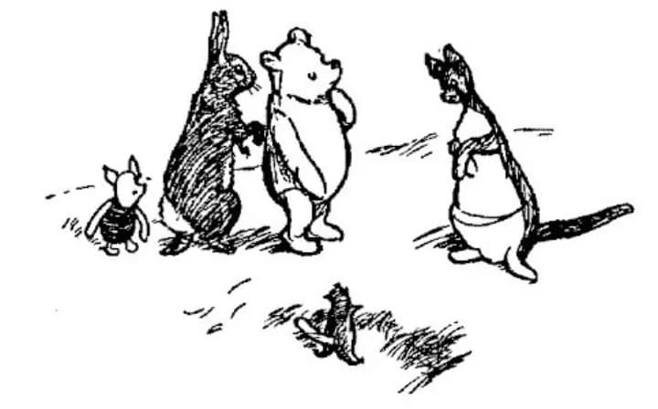 E. H. Shepard illustration of Kanga with Piglet and Roo from Chapter VII