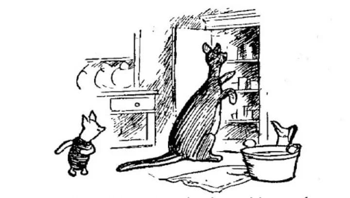 E. H. Shepard illustration of Roo with Christopher Robin, Piglet and Kanga from Chapter VII