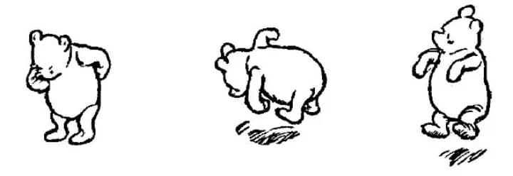 E. H. Shepard illustration of Rabbit with Winnie-the-Pooh, Piglet, Kanga and Roo from Chapter VII