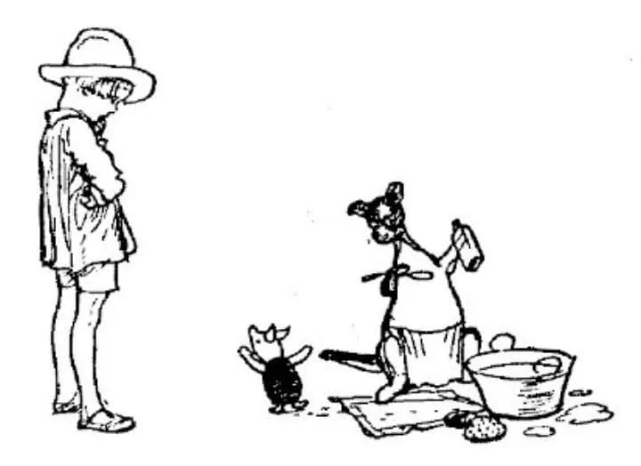 E. H. Shepard illustration of Roo with Christopher Robin, Piglet and Kanga from Chapter VII