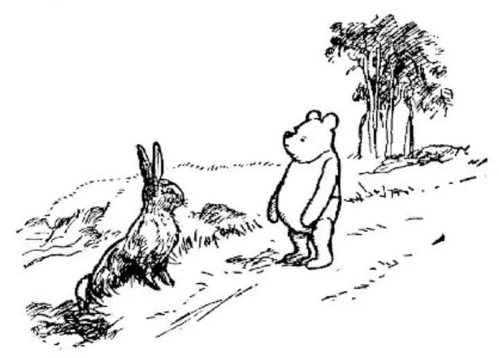 E. H. Shepard illustration of Christopher Robin and Winnie-the-Pooh from Chapter VIII