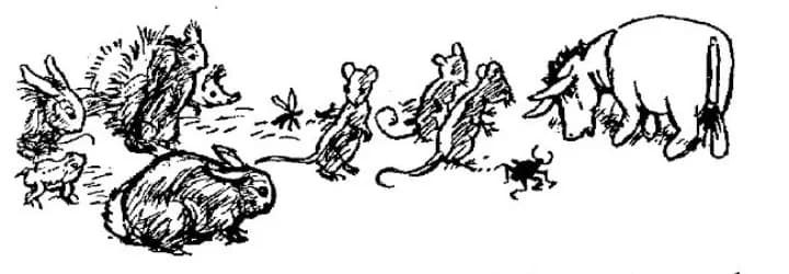 E. H. Shepard illustration of Rabbit with Christopher Robin, Winnie-the-Pooh, Piglet, Eeyore, Owl, Kanga and Roo from Chapter VIII