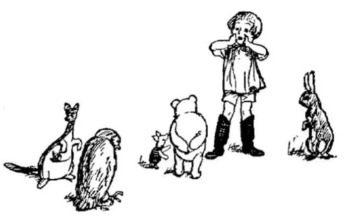 E. H. Shepard illustration of Rabbit and Christopher Robin from Chapter VIII