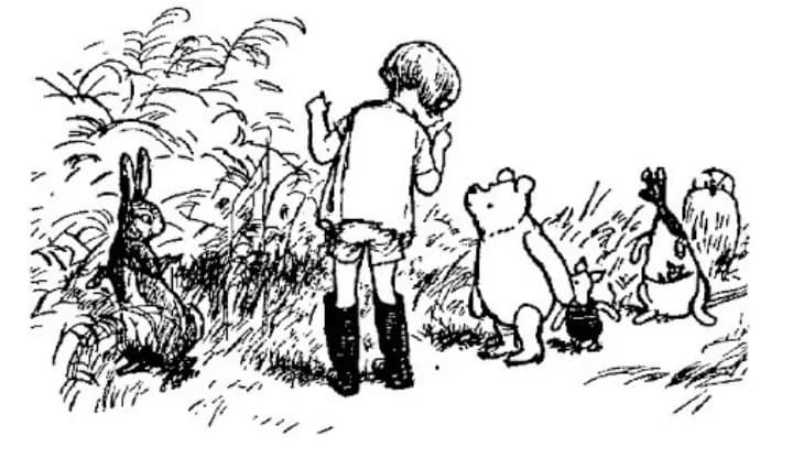 E. H. Shepard illustration of Rabbit with Christopher Robin, Winnie-the-Pooh, Piglet, Eeyore and Owl from Chapter VIII