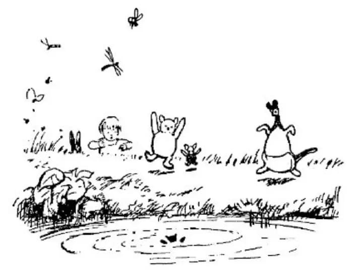 E. H. Shepard illustration of Rabbit with Christopher Robin, Winnie-the-Pooh, Eeyore, Kanga and Roo from Chapter VIII