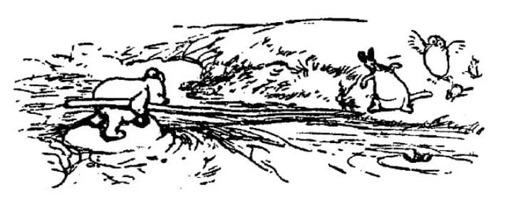 E. H. Shepard illustration of Roo with Christopher Robin, Winnie-the-Pooh and Kanga from Chapter VIII