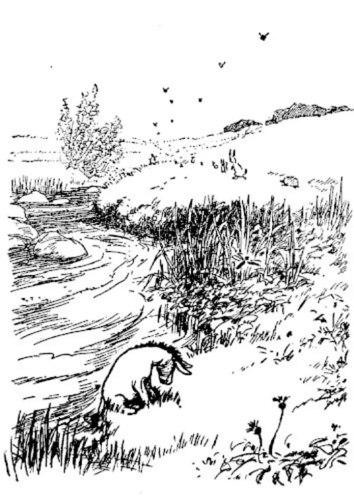 E. H. Shepard illustration of Eeyore with Christopher Robin and Winnie-the-Pooh from Chapter VIII