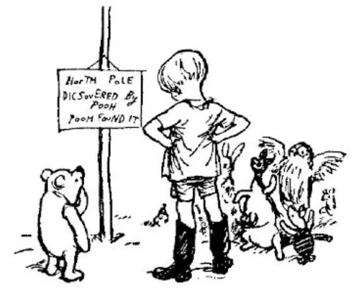 E. H. Shepard illustration of Eeyore with Christopher Robin and Winnie-the-Pooh from Chapter VIII
