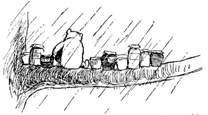 E. H. Shepard illustration of Piglet and Winnie-the-Pooh from Chapter IX
