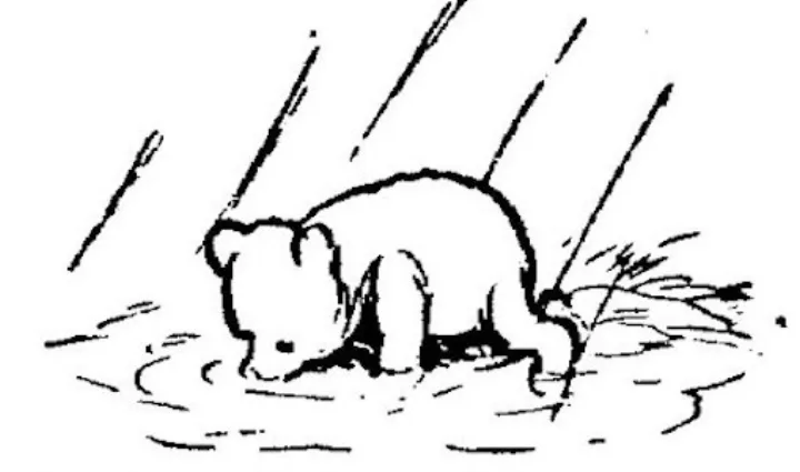 E. H. Shepard illustration of Christopher Robin with Winnie-the-Pooh and Piglet from Chapter IX