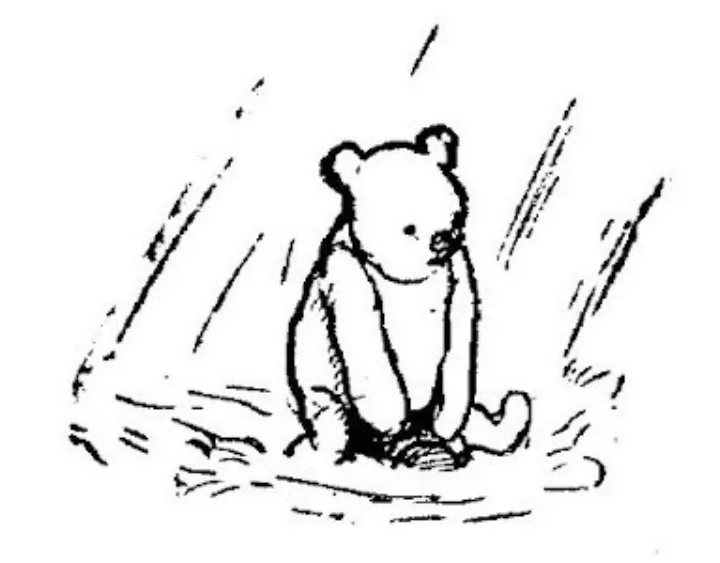 E. H. Shepard illustration of Christopher Robin with Winnie-the-Pooh and Piglet from Chapter IX