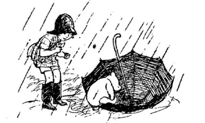E. H. Shepard illustration of Christopher Robin with Winnie-the-Pooh and Piglet from Chapter IX