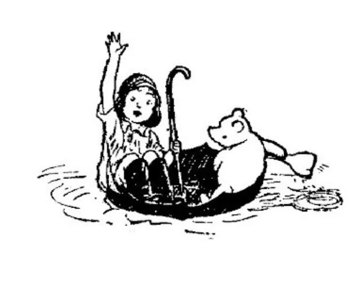 E. H. Shepard illustration of Christopher Robin with Winnie-the-Pooh and Piglet from Chapter IX