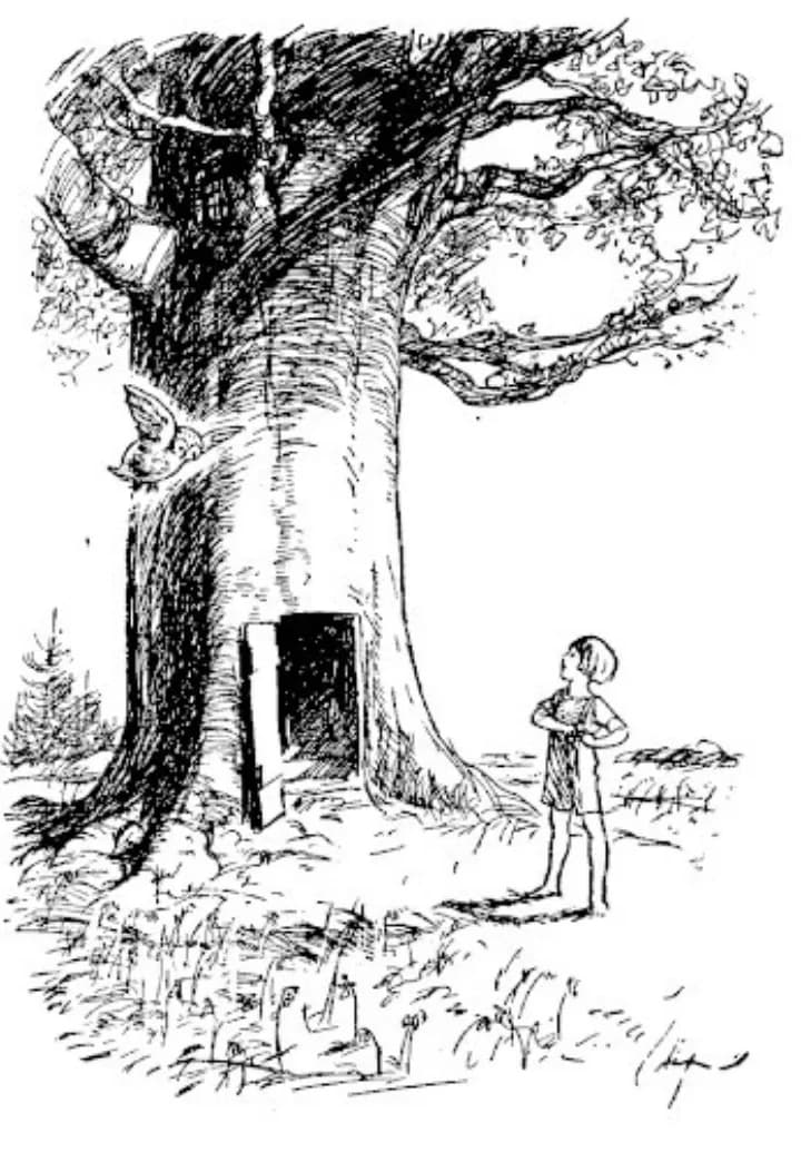 E. H. Shepard illustration of Owl with Christopher Robin and Winnie-the-Pooh from Chapter X