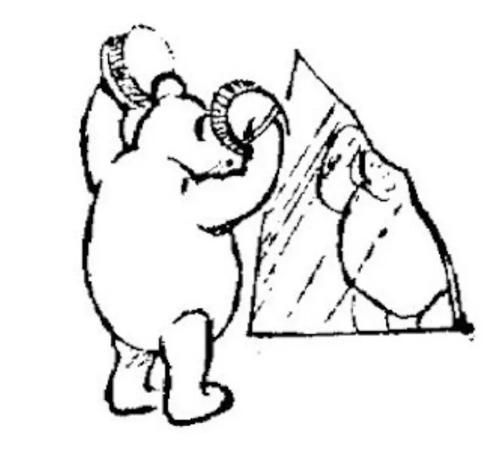 E. H. Shepard illustration of Winnie-the-Pooh with Christopher Robin, Eeyore and Owl from Chapter X