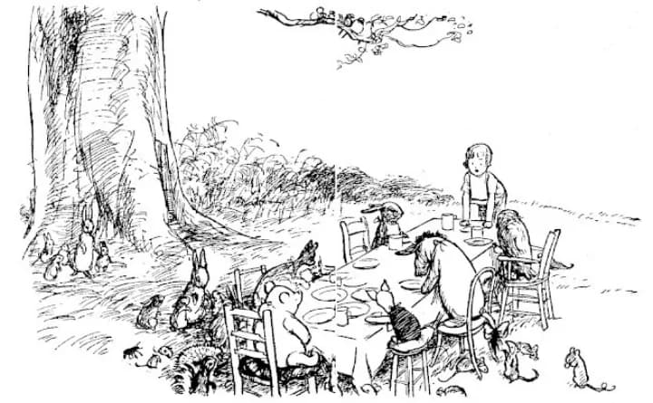 E. H. Shepard illustration of Rabbit with Christopher Robin, Winnie-the-Pooh and Roo from Chapter X