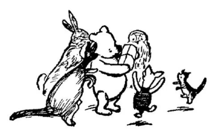 E. H. Shepard illustration of Rabbit with Christopher Robin, Winnie-the-Pooh and Eeyore from Chapter X