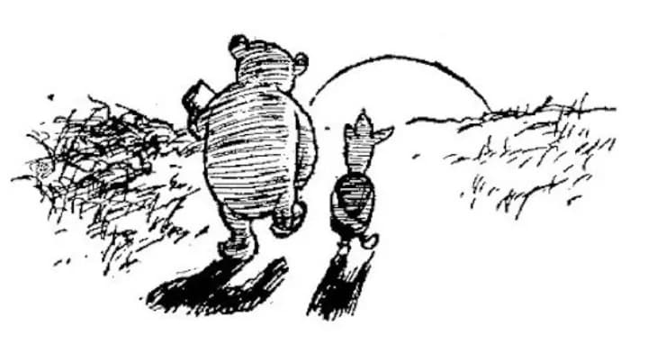 E. H. Shepard illustration of Christopher Robin with Winnie-the-Pooh and Piglet from Chapter X
