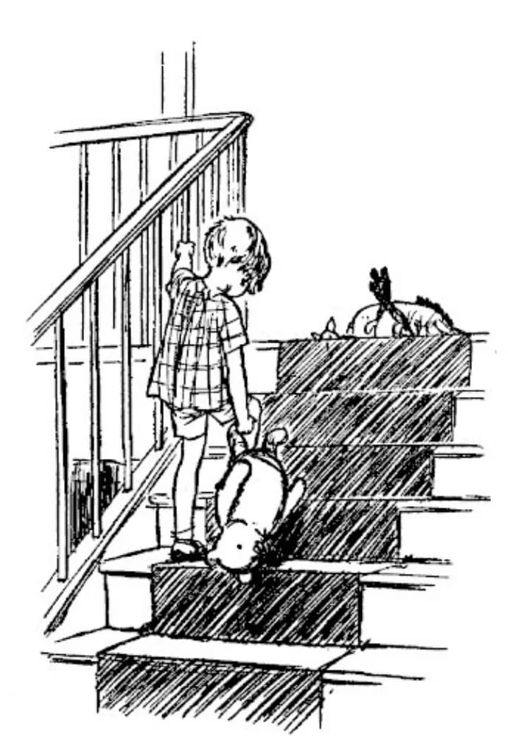 E. H. Shepard illustration of Christopher Robin and Winnie-the-Pooh from Chapter X