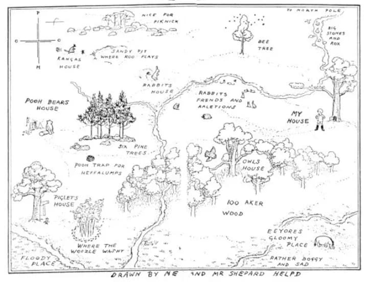 E. H. Shepard illustration of Christopher Robin with Winnie-the-Pooh and Piglet from Front matter
